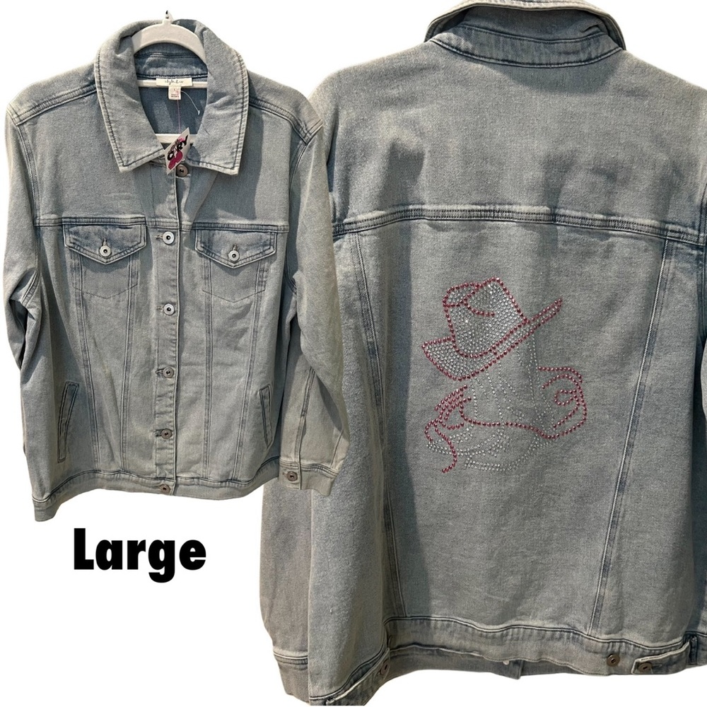 Women’s denim jacket with rhinestone cowboy boot and cowboy hat design